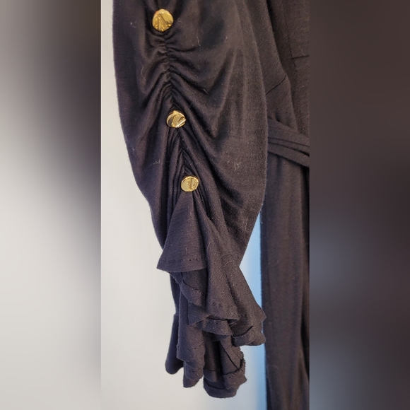 Cache Black Ruffle V-neck Dress with belt. Size 6 - Picture 3 of 6